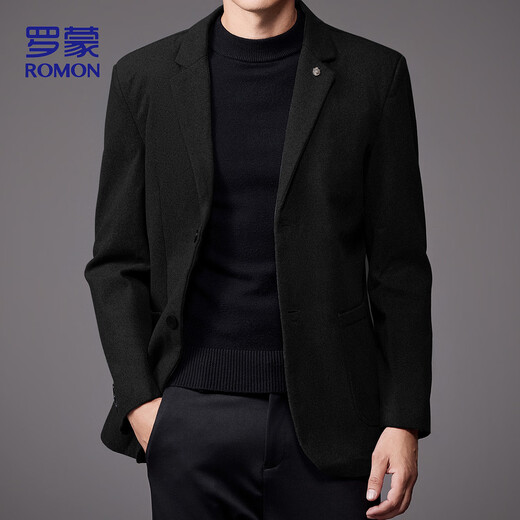 ROMON Woolen Suit Men's Spring and Autumn Business Casual Single Suit Coat Warm Jacket Men XF79 Black 2XL