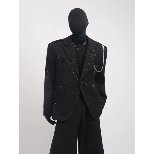 An Chuxia black high-end design light luxury starry sky suit jacket men's niche pearl hanging chain trendy three-piece set three-piece set black + black long sleeves + black trousers XL