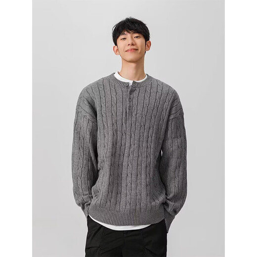 American Henry Collar Sweater Men's Autumn and Winter Cleanfit Loose Lazy Twist Knit Sweater with Bottoming Top Gray XL