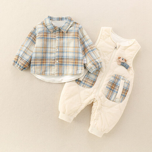 G.duck小黄鸭婴儿衣服秋冬夹棉加厚外出服一岁宝宝秋冬装背带裤衬衣套装 米白色连体衣 90cm 90码建议1~2岁【 80-】cm