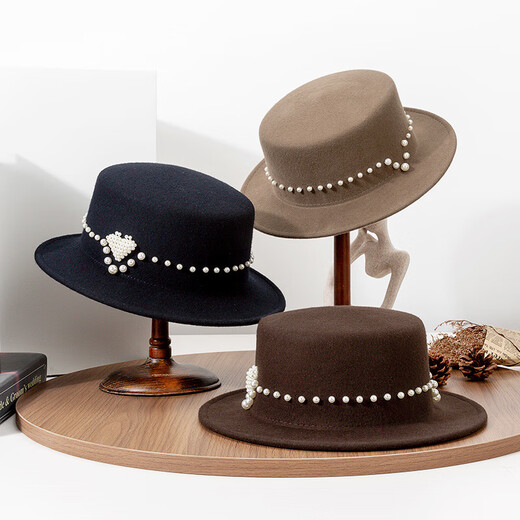 Lee dprre new autumn and winter British large brim flat top hat women's French retro elegant comfortable woolen felt top hat navy blue M size