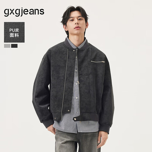 Gxg.jeans Men's PU Leather Fashion Casual Loose Baseball Collar Bomber Jacket 25th Autumn New Product Black Gray L (175)