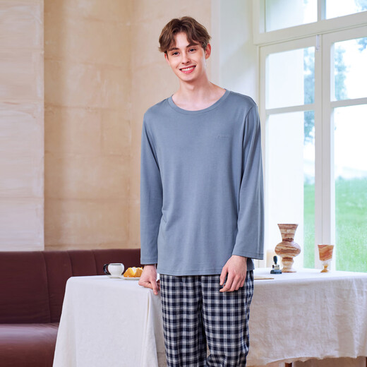 American Standard New Long Sleeve Couples Pure Cotton Pajamas for Women Spring and Autumn Simple Casual Plaid Cotton Wearable Outerwear Home Clothing Suit for Men Edelweiss Blue 3XL