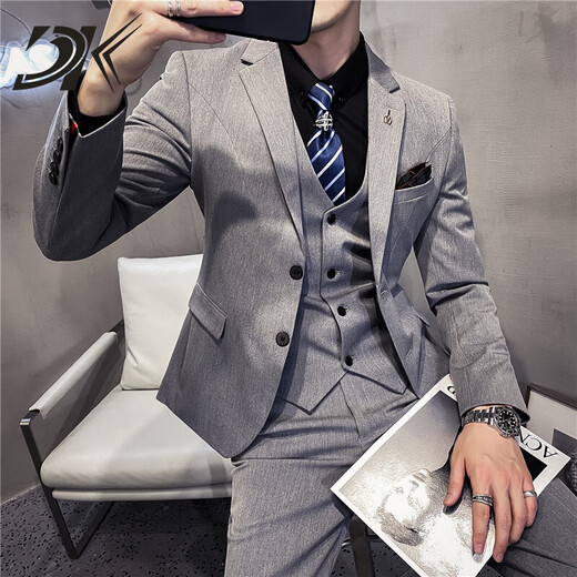 DK brand men's suit suit men's autumn business casual suit trend slim British style fashion three-piece suit light gray suit + trousers M