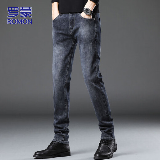 ROMON jeans men's autumn and winter business pants men's casual pants men's slim-fitting men's pants blue gray 32