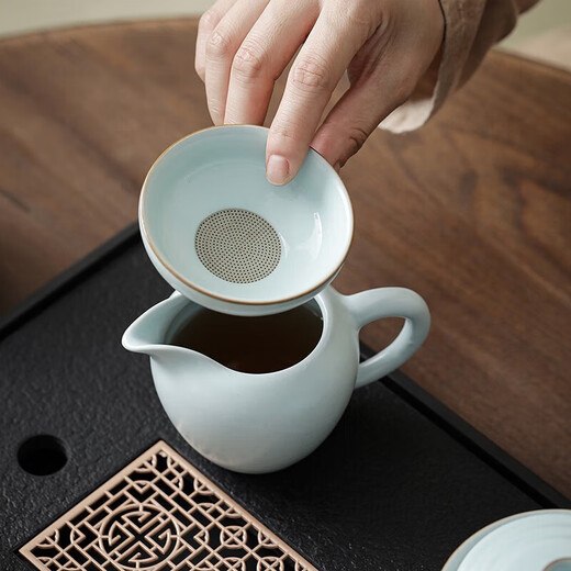 Yuese Ru Kiln Kung Fu Tea Set Ceramics with Tea Tray Office Guest Household Small Set Ru Kiln 12 Pieces + Tea Tray Window Ming Rectangular 43x26 12 Pieces