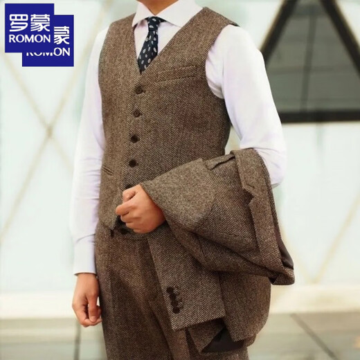 Romon Peaky Blinders retro wool suit jacket autumn British tweed slim casual men's dress suit winter dark gray top XL