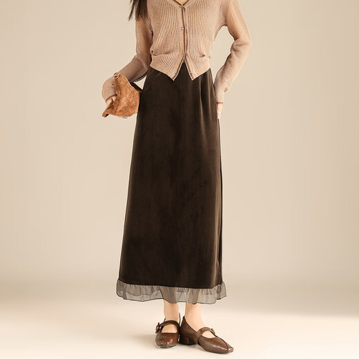TERRE BLEUE Lazy style velvet cover-up skirt 25 autumn and winter new women's solid color high-waist slim mid-length skirt