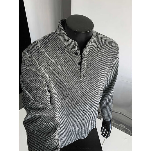 Cantu American shoulder henley collar sweatshirt for men in spring and autumn textured jacquard inner layering shirt loose trendy top black XL