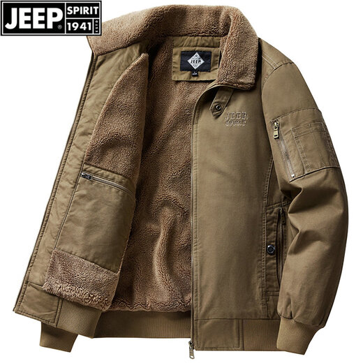 Jeep (JEEP) fleece jacket men's winter warm thickened pilot jacket pure cotton workwear casual cotton coat men's large size cotton jacket camel XL recommended weight 150Jin Jin equals about 0.5 kg
