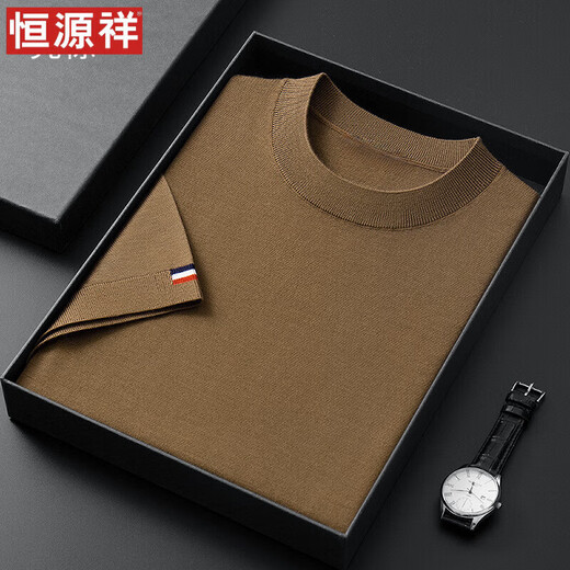 Hengyuanxiang thin worsted short-sleeved wool sweater for men 100 pure wool round neck sweater for men middle-aged knitted bottoming shirt spring and autumn 262_bright brown M