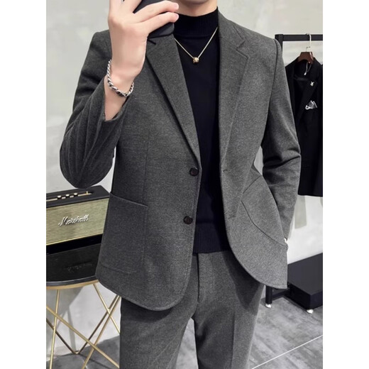 AX Armani woolen blazer men's autumn and winter new high-end business formal casual thickened suit set dark gray suit XL