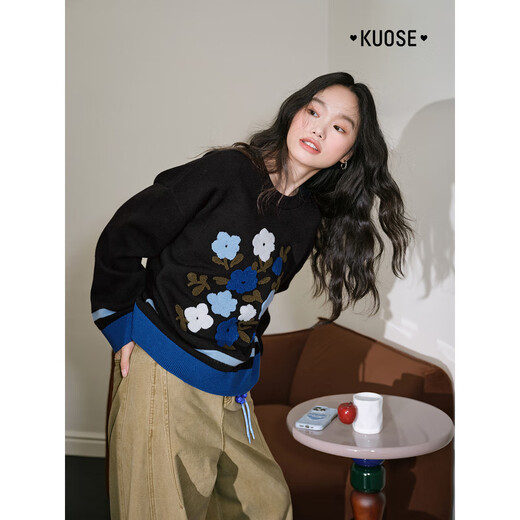 Wide color black towel embroidered sweater long-sleeved sweater 25 autumn and winter new style women's soft waxy loose bottoming top black S