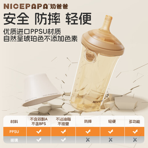 Nicepapa flip-top straw feeding bottle 1-3 years old, wide diameter PPSU for babies over 12 months old with gravity ball, drop-resistant 300ML