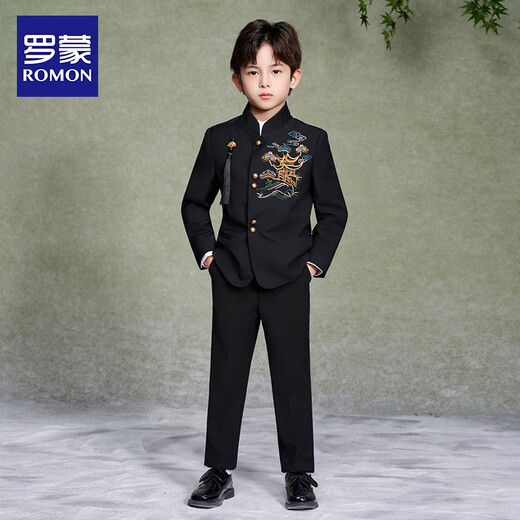 Luo Meng Boys' New Chinese Suit Jacket Tang Suit Chinese Style Tunic Suit Children's Suit Performance Clothing Black 160