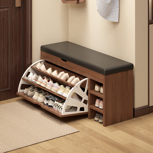 Shoe-changing stool at home, shoe cabinet and stool at the door, integrated bucket shoe rack, entrance good storage rack, flip-top sub-grid style, 100cm wilderness oak color