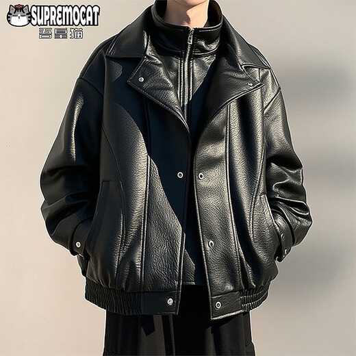 My Emperor Cat Autumn and Winter American New Style Retro PU Leather Lapel Casual Jacket Men's Fake Two-piece Jacket WJ13 Black L