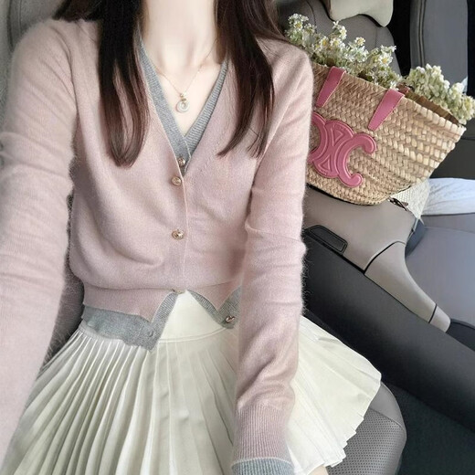 Su Yuwei koreanischer Stil Xiaoxiangfeng gefälschter zweiteiler rosa V-Neck-Strickjagd für Frauen Spring- und Herbst-Design Kurzpullover Jacke Top Grey Pink S empfohlen (80-95 Jin [Jin Equals 0,5 kg]) [Folgen Sie dem Laden]