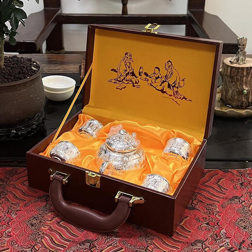 Fat Donglai same style pure silver tea set set Baifu silver pot household 999 silver tea cup creative sterling silver gift kettle set (bright silver) brown high-end leather box 5 pieces