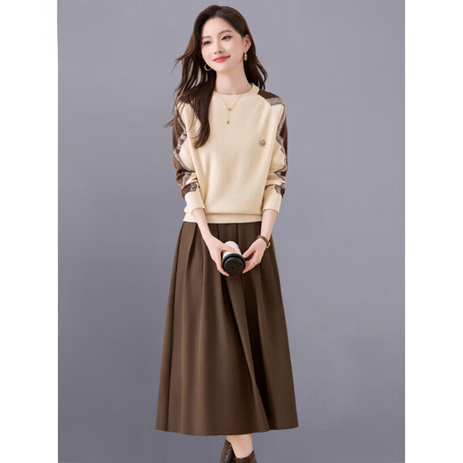 Ehangy international luxury high-end brand knitted dress women's 2025 autumn and winter new sweater versatile and stylish age-reducing skirt khaki (two-piece set) M