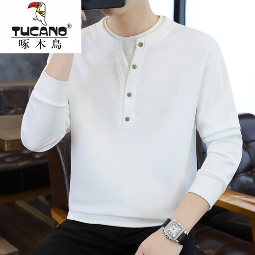 Woodpecker fake two-piece sweatshirt autumn men's Henry collar bottoming shirt 2025 spring and autumn new trendy brand loose long-sleeved T-shirt white M