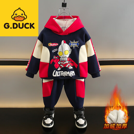 G.duck boys winter fleece suit 2025 new handsome boy spring autumn winter long-sleeved sweatshirt two-piece trendy navy plus fleece style 100 cm_ Recommended height is about 95cm