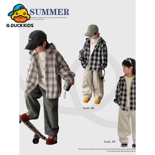 G.duck little yellow duck children's hooded shirt spring, summer and autumn new plaid shirt girls, middle and older children new boys handsome 100-color hooded plaid shirt 110