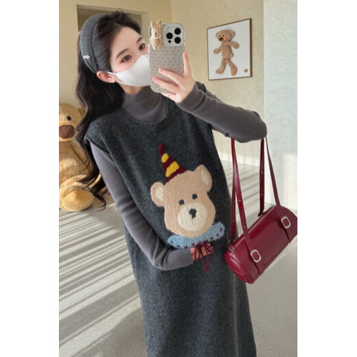 Ranqi Mommy Maternity Wear 2025 Autumn and Winter New Korean Style Embroidered Cartoon Bear Sweater Vest Dress Knitted Bottoming Set Blue Suit L