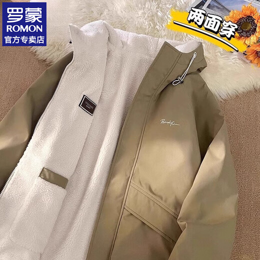 ROMON velvet double-sided jacket for men in autumn and winter new loose and comfortable casual lamb velvet hooded Hong Kong style cotton coat for men 2456 khaki plus velvet L Recommended 120-135 Jin Jin equals 0.5 kg