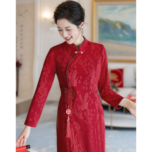 Paste Xi's mother-in-law Chinese style retro plus velvet thickened festive banquet dress wedding festive dress red 3XL
