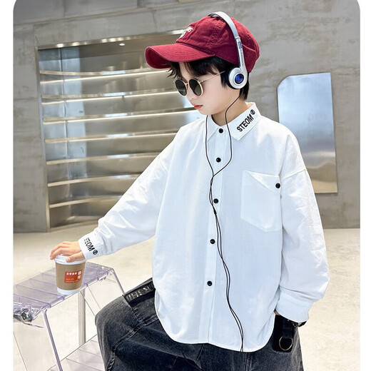 Children's clothing boys' spring white shirts 2025 new medium and large children's spring and autumn boys' spring long-sleeved shirts trendy white 130
