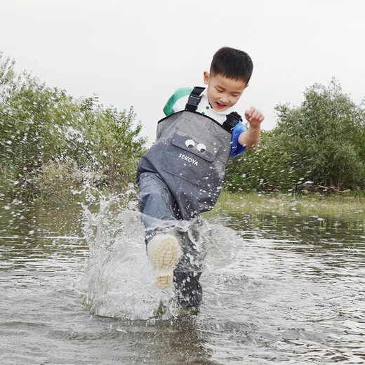SEKOYA children's wading pants one-piece waterproof half-length rain pants rain boots beach baby stream fishing and sea play water wear equipment 2501J regular rubber sole 27 S (height 105-125CM)