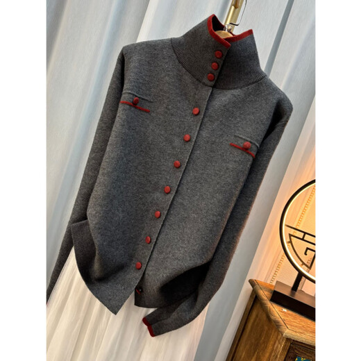 La Chapelle Korean style gray half turtleneck knitted cardigan for women 2025 autumn and winter new fashion versatile bottoming top gray L