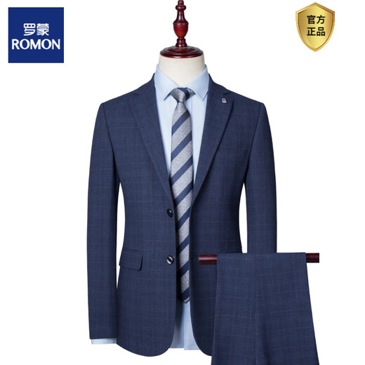 ROMON Plaid Groom's Suit Men's Three-piece Slim British Suit Korean Style Casual Wedding Dress Wedding 2271 Blue Two-piece Suit S 165