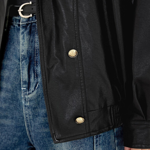 她池帅气PU皮机车夹克女2025秋装新款西装领宽松显瘦外套