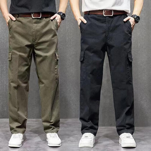 Work overalls pants, straight-leg loose wear-resistant trousers, cotton casual overalls, men's welder labor protection pants, 6-pocket overalls, military green + navy blue two-pack 2XL 180 Recommended 140-160 Jin Jin equals 0.5 kg