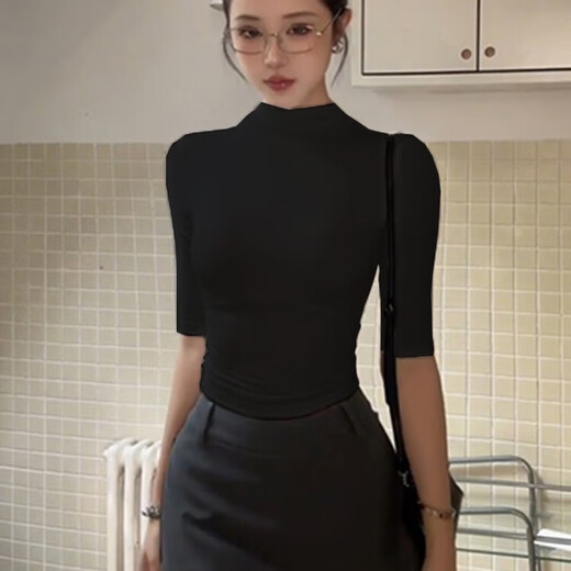 Miao Yijia black half-turtle collar bottoming shirt for women that can be worn as an inner layer and a foreign-style top for fall and winter new style T-shirt with a slim and high-end feel. Black half-turtle collar slim-fitting mid-sleeve bottoming shirt. One size fits all. Recommended 80-120 Jin Jin is equal to 0.5 kg.