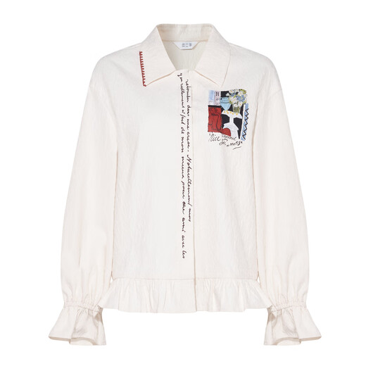 Two or Three Things Chasing the Wind Diary 2025 Winter New Style Literary Style Ruffled Hem Embroidered Placket Printed Shirt for Women Apricot S