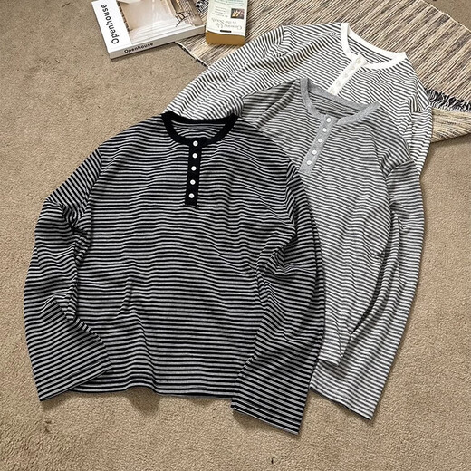 MANUSCRIPT striped Henry collar long-sleeved T-shirt, shoulder commuting white men's casual basic retro bottoming shirt, pure white M