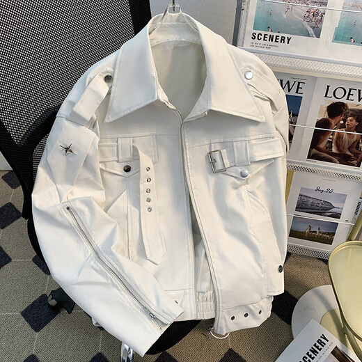 Will not American retro PU leather jacket men's spring and autumn trendy brand hiphop loose casual hip-hop zipper lapel jacket black M