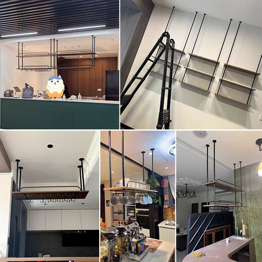 Dyed metal solid wood storage rack bar counter bar wall cabinet hanging rack wine rack wine glass wine cabinet dining room suspension second floor 1802780, no hooks