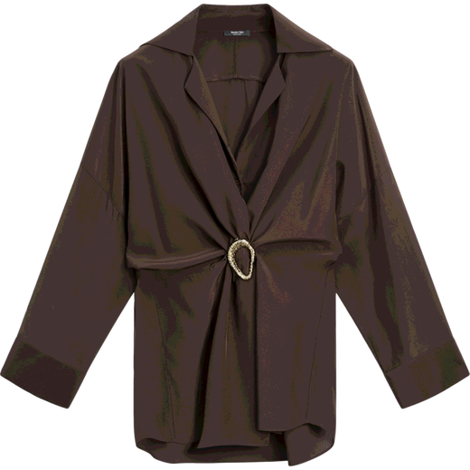 Massimo Dutti Discount Upgrade 2026 Women's French Elegant Temperament Brooch Waist Long Shirt Long Sleeve 05135695 Chocolate M -L (CN 175/96A)