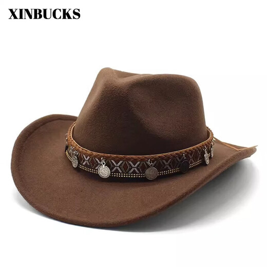 XINBUCKS minority ethnic style western cowboy hat unisex fashionable European and American style top hat bohemian style casual hat brown suitable for 55-58cm