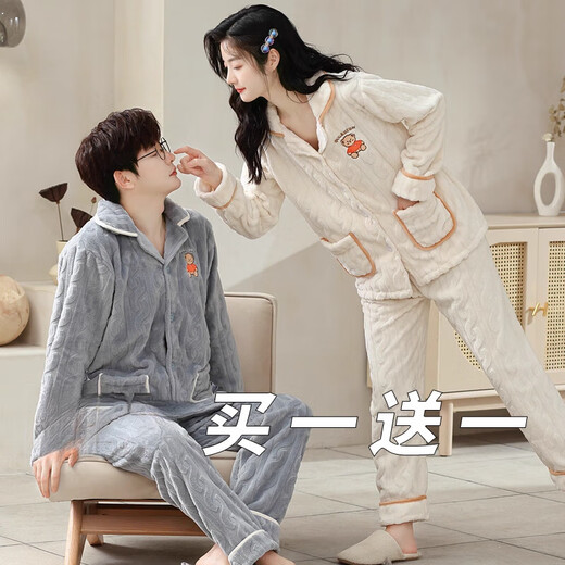 Modal couple pajamas autumn and winter style coral velvet thickened flannel women's cute men's home clothes can be worn outside the suit 0219+266 2 two sets of gentle style M women's style M men's style L size