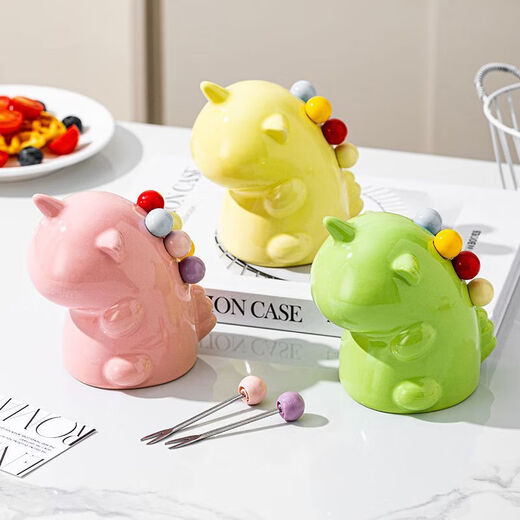 Unicorn Fruit Light Luxury Ceramic Tableware Set Home Cute High-grade Stainless Steel Storage Safe Fruit Fork Ceramic Macaron Fruit Green Unicorn + 6 Forks