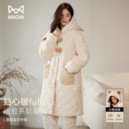 猫人女士睡衣女秋冬季三层夹棉珊瑚绒睡袍加绒加厚高端家居服2025新品