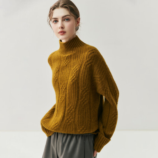 Mushi Cashmere Sweater Women's Half Turtleneck Sweater Women's Winter Cable Striped Knit Sweater Loose Pullover Bottoming Shirt RC25145 Cream White One Size