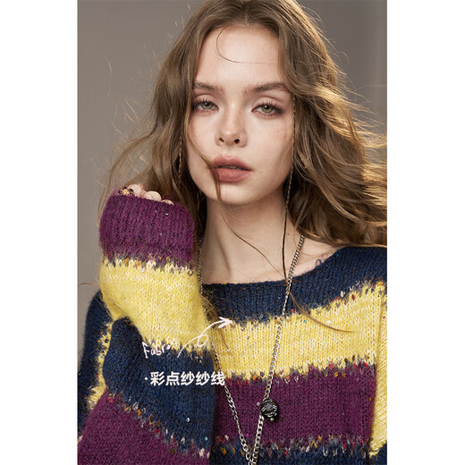 Fairy's Pocket Sequin Striped Contrast Color Sweater Women's 2025 Autumn and Winter New Lazy High-Quality Wool Sweater College Stripe Yellow M