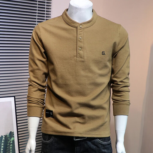 Kuraishi Kazuki trendy American retro Henry collar long-sleeved T-shirt men's autumn and winter velvet pullover sweatshirt men's base Henry shirt mustard yellow XL