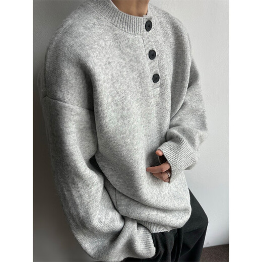 Yuyong Light Gray Henley Collar Plush Sweater Men's Winter Lazy Style Knitted Sweater American Retro Wool Sweater Light Gray Upgraded 90% Buyers Choose XL